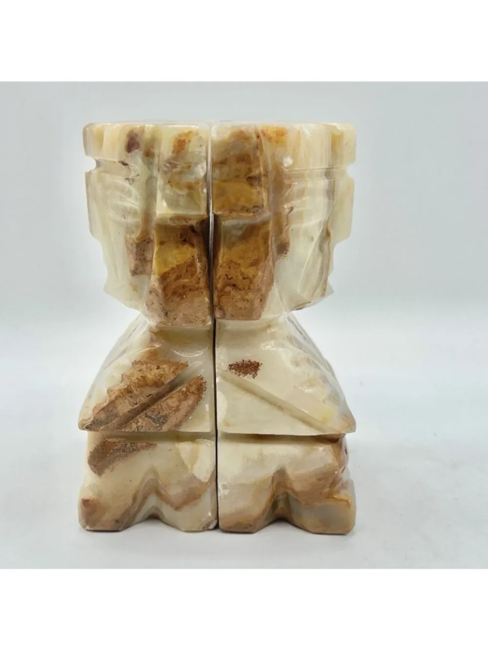Vintage Onyx Stone Tiki Style Bookends Carved Banded Calcite Mid Century Pair